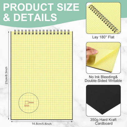 Engrowtic 6 Pack Graph Paper Spiral Notepad A5 Top Wirebound Notepad Grid Notebook Steno Pad Memo Notebook Grid Paper 140 Pages for Writing Sketching Drawing Office Supply (Black)