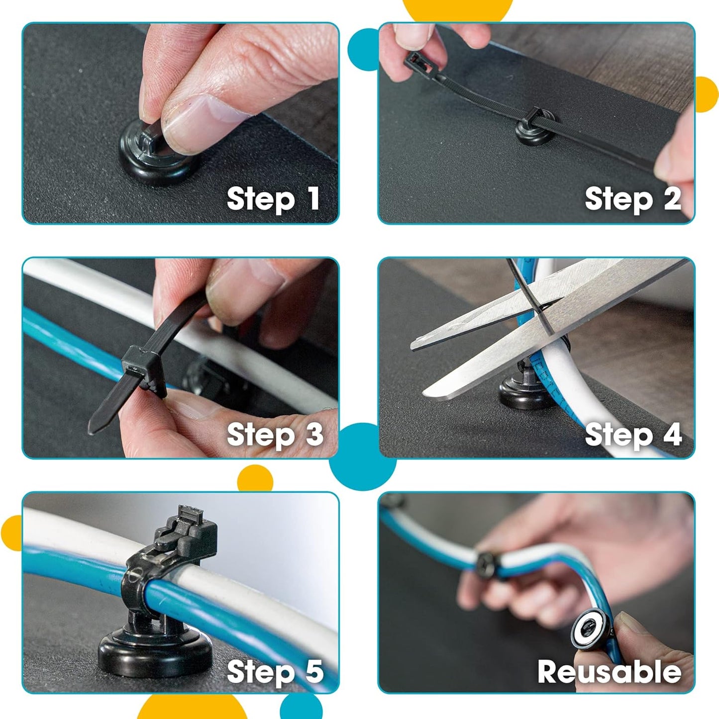 HATSBI. Multipurpose Magnetic Cable Zip Tie Mounts. Black. (20 Pack). 20 Black Cable Zip Ties Included. Cable Holder for Cable Management. Holds Standard Zip Ties/Cable Ties.