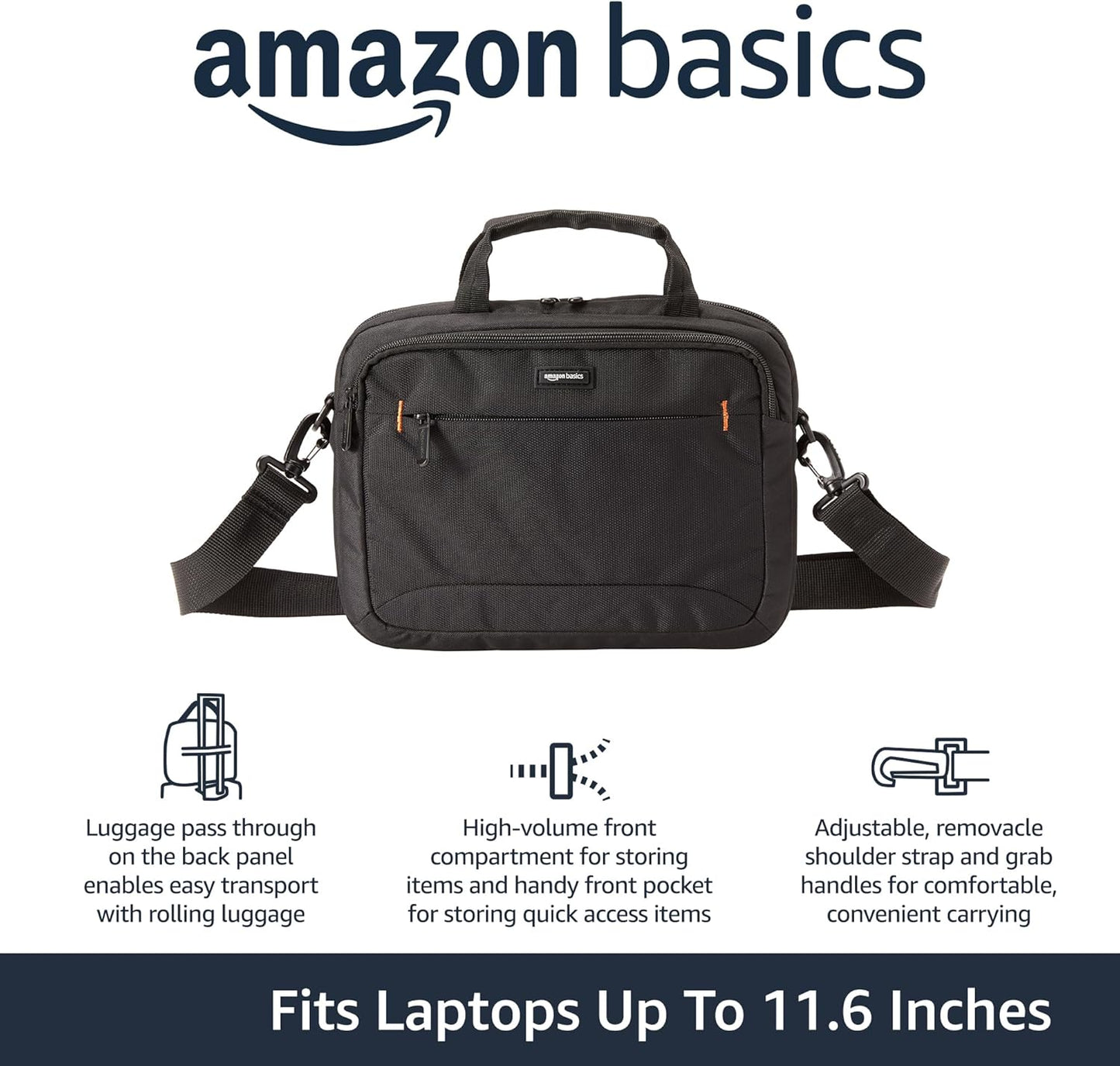 Amazon Basics Laptop Tablet Carrying Case with Shoulder Strap and Grab Handles, 14-inch, Black, Compartments for Storage