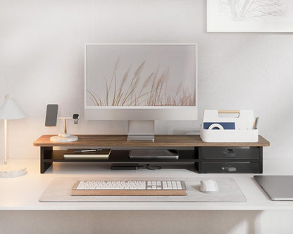 Fenge Monitor Stand, Dual Monitor Riser, 42.5inch Large Desk Computer Monitor Stand Riser with Drawer, 2 Tier Wood & Acrylic Desktop Organizer for Computer, Laptop, Printer, TV Screen Riser