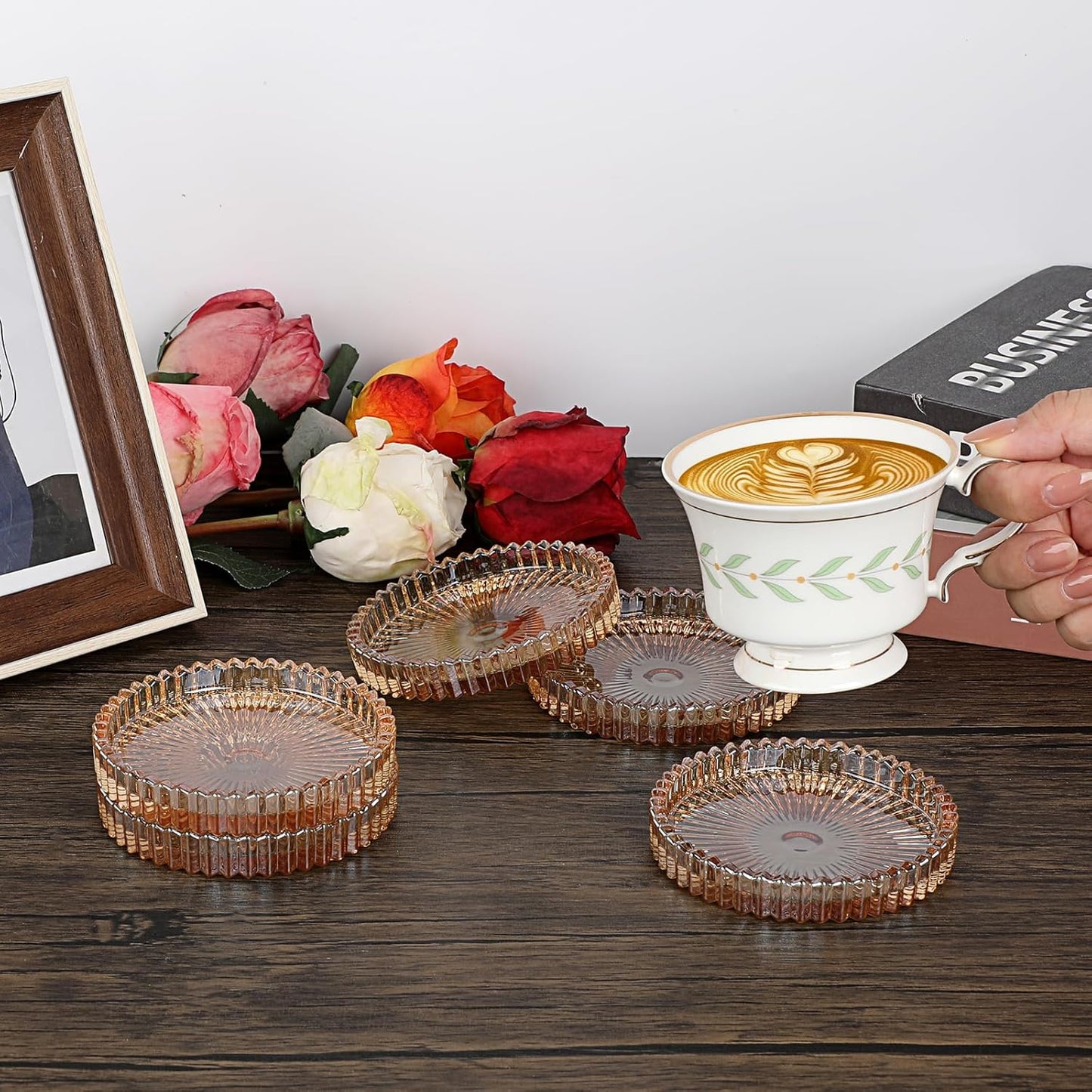 Modern Clear Coasters Set of 5- Glass Cute Coasters for Drinks Crystal Coaster Round Chic Cup Mat Cute Coffee Table Coaster for Kitchen, Bar, Dining Room, Living Room, Patio(Amber)