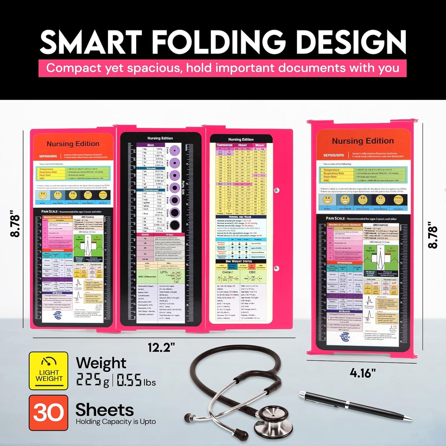 Nursing Clipboard Foldable with Medical Edition Cheat Sheets, 3 Layers Aluminum Foldable Clipboard for Nursing, Notepad for Students, Nursing School Essentials (Black)