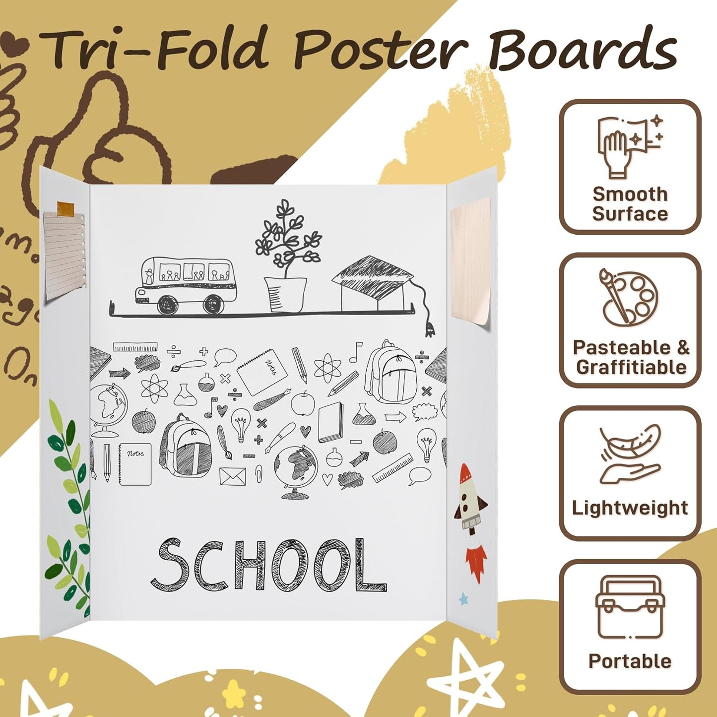 PSHVYM 4 Pcs Trifold Poster Board, 26 x 17 inches Poster Board with Double Sided Tapes and Cardboard, Corrugated Presentation/Display Board for School Project, Science Fair, Business