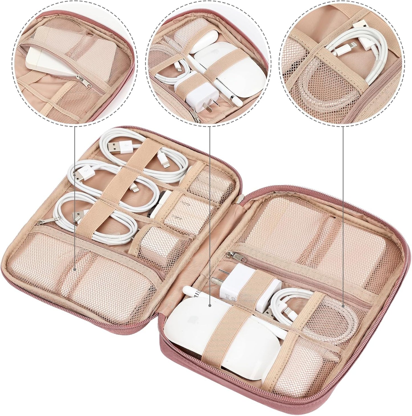 NISHEL Travel Cord Organizer Case, Tech Electronic Bag, Essentials for Charger, Cable, Phone, Hard Drive, USB, SD Card, Pink