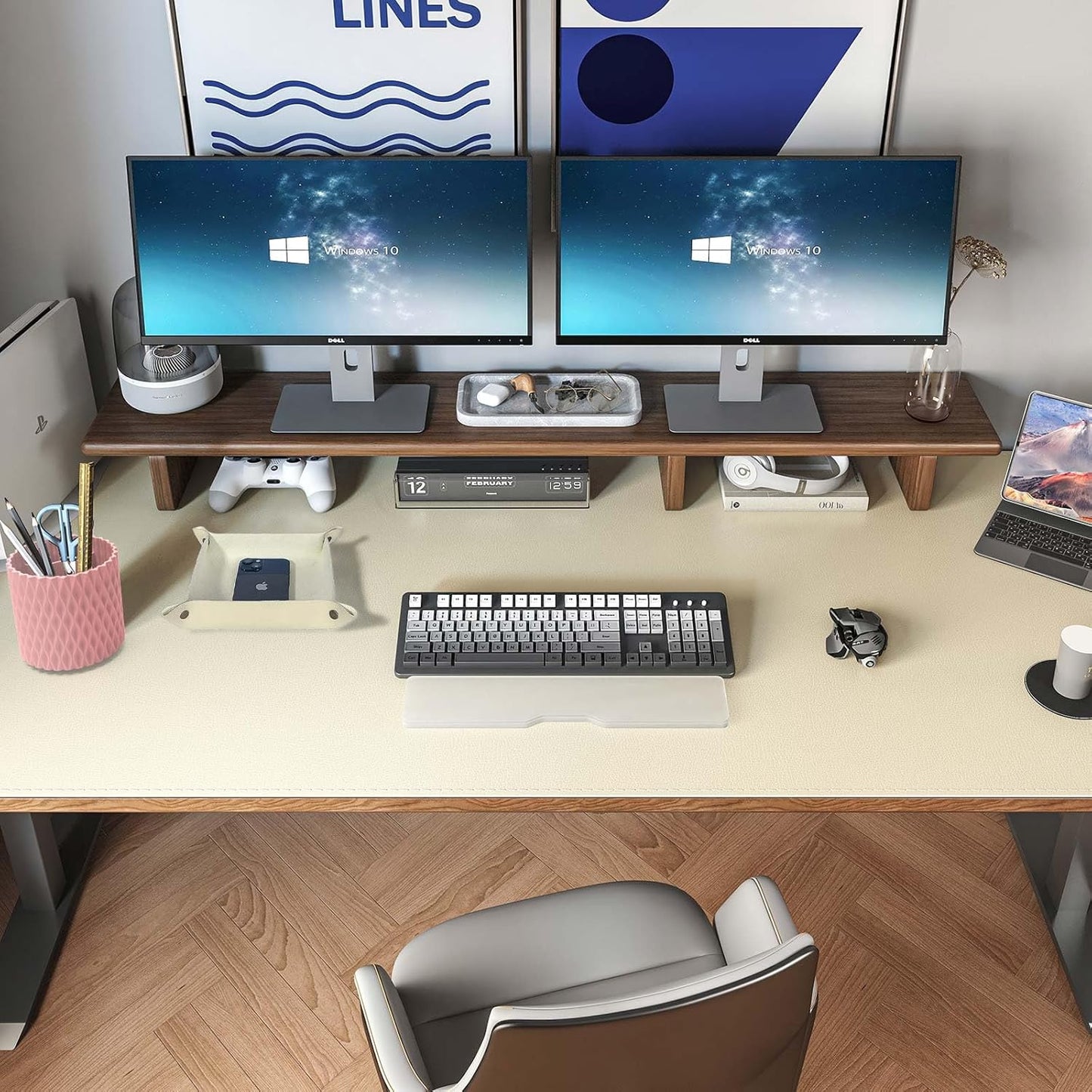 DAWNTREES Dual Sided Desk Mat,Leather Desk Pad,Brown 40"x16",Cork Desk Mat Protector,with PU Leather Valet Tray Organizer,Large Mouse Pad,Desk Writing Pad for Office and Home
