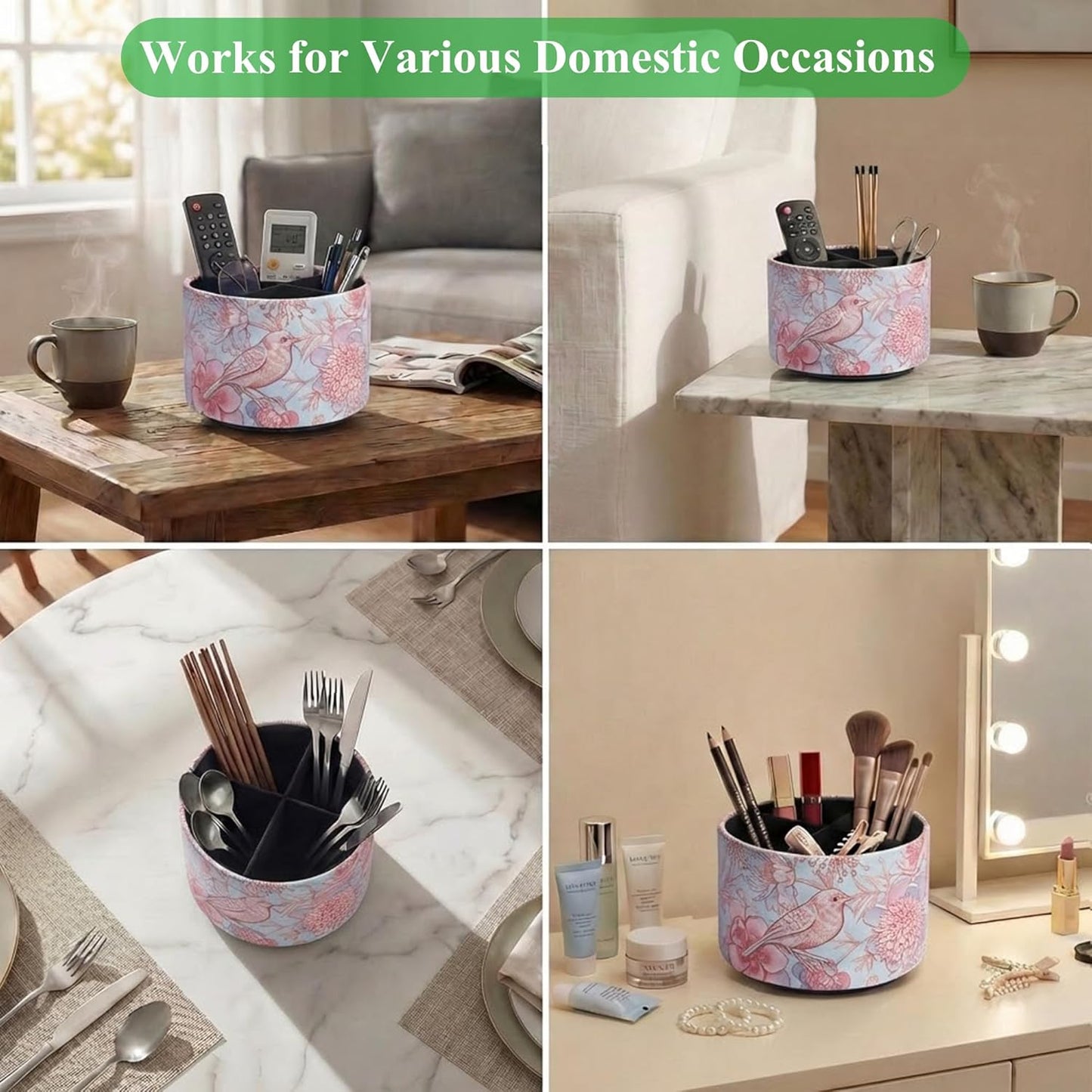 Round Leather Art Supply Organizer,Remote Control Holder,360 Degree Rotating,Multi-Functional Pencil Holder,4 Compartments Desktop Stationary Organizer(1-Fractal Flower) | Round - Colors B