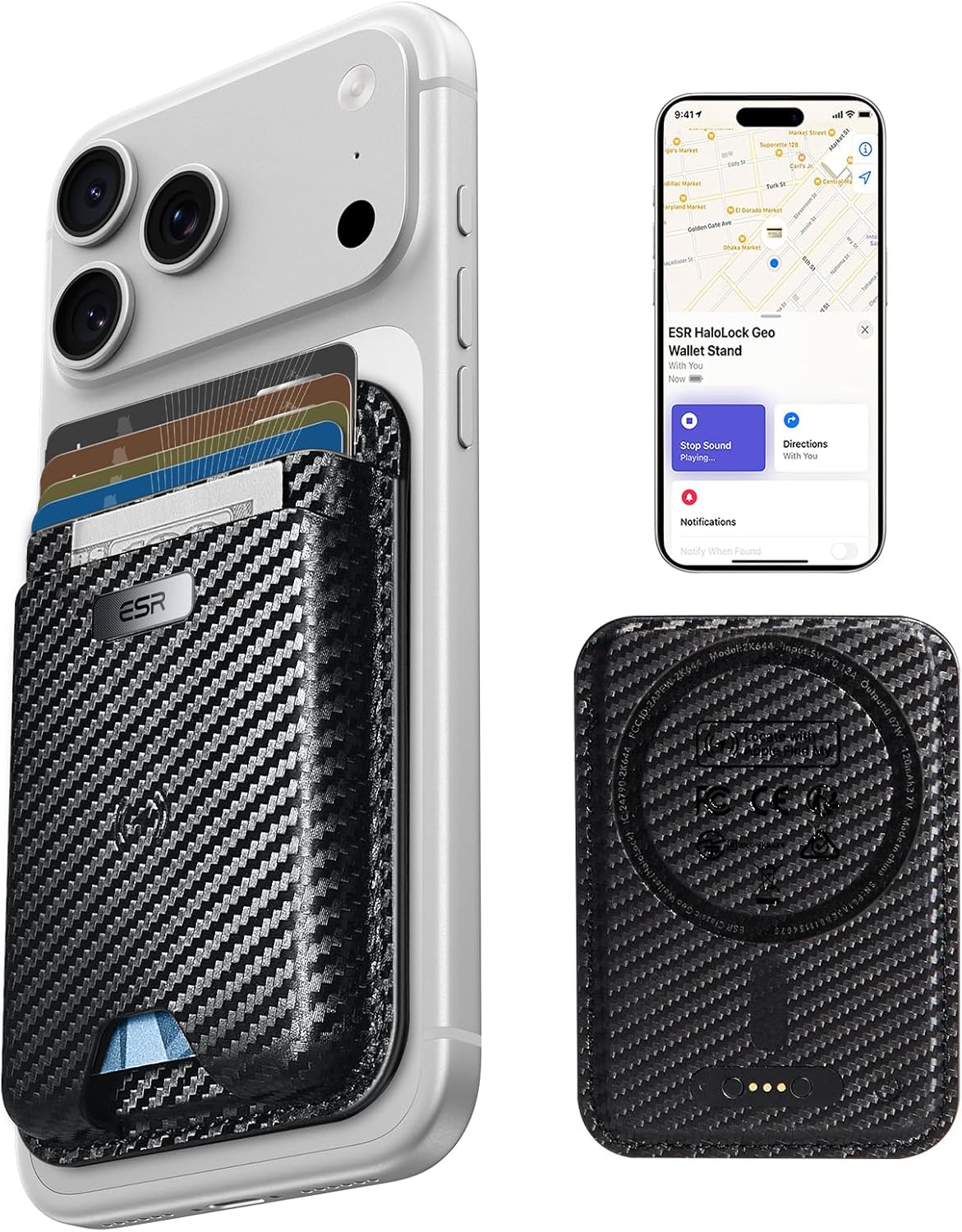 ESR Geo for MagSafe Wallet with Full Find My Functionality, RFID Blocking, 5 Cards Holder for Phone Case, Strong Magnetic Wallet for iPhone 17e/17/16/15/14/13/12 Series, Not for 13/12 Mini, Black