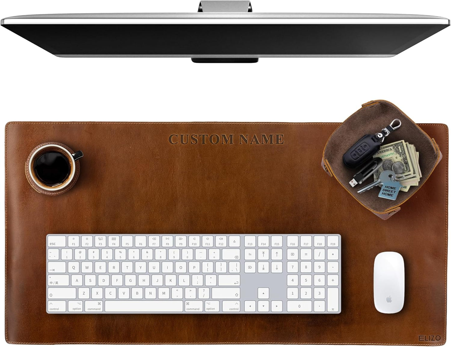 Elizo Real Leather Desk Mat Set (32x16) Large Desk Cover Desk Blotter Protector Computer Gaming Mouse Pad Table Laptop Office Desktop Accessories