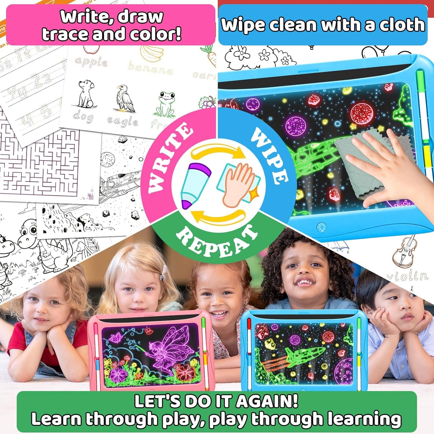 LED Drawing Board, Magic Kids Toys for Boys 4-6, Christmas Birthday Gifts, Light Up Tracing Pad, 9 Double-Sided Cards, 6 Markers, Glow in The Dark Doodle Writing Tablet, Learning Toy Arts Crafts Kits