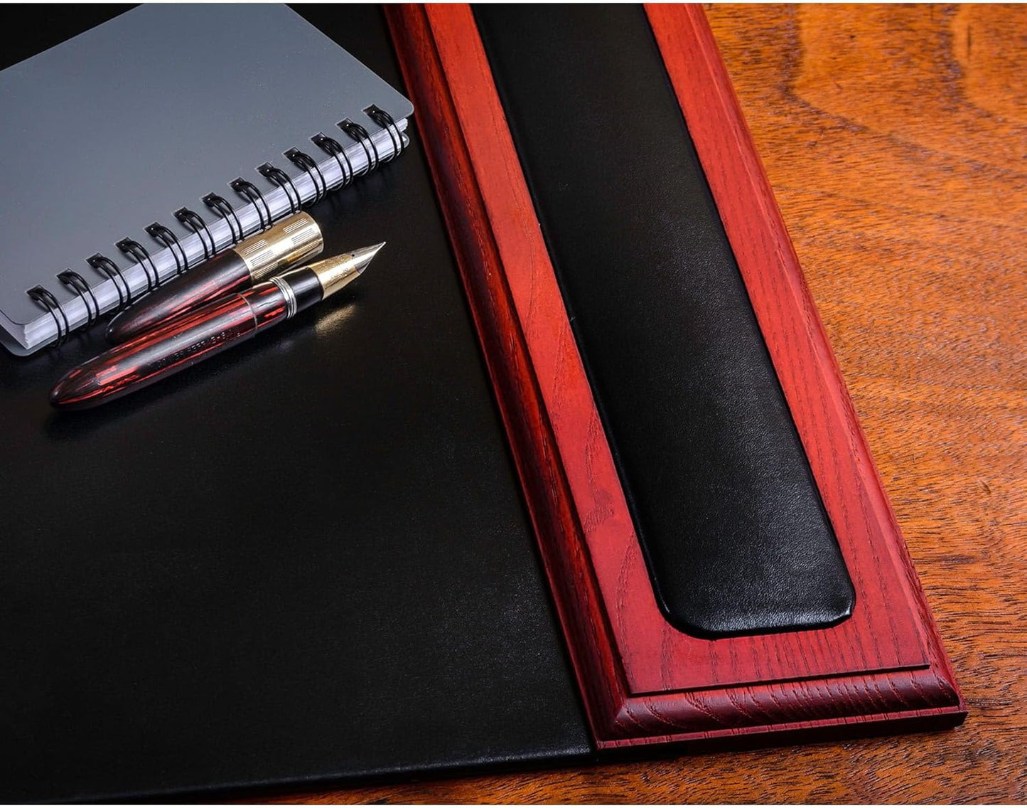 DACASSO Wood & Leather Desk Pad with Side Rails - Luxury Leather Desk Blotter for Writing - Padded Executive Desk Surface Protector - (Walnut & Black, 34” x 20”)