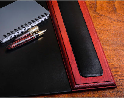 DACASSO Wood & Leather Desk Pad with Side Rails - Luxury Leather Desk Blotter for Writing - Padded Executive Desk Surface Protector - (Walnut & Black, 34” x 20”)