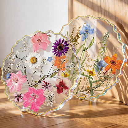 Oqplog Resin Drink Coaster for Desk Coffee Table-Pink White Cute Dried Flowers Cup Coaster for Work Office Home Outdoor Decor Gifts for Girls Women,1 Pcs Wave