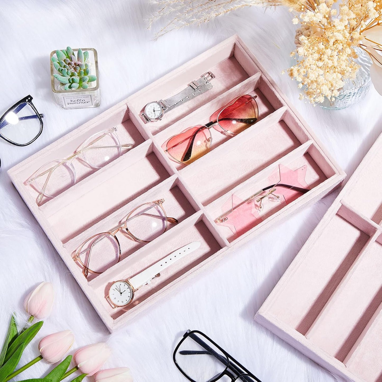 Amylove 2 Pcs Sunglass Organizer Trays Glasses Stackable Jewelry Trays Sunglass Organizer Display Box(8 Grids,Beige)