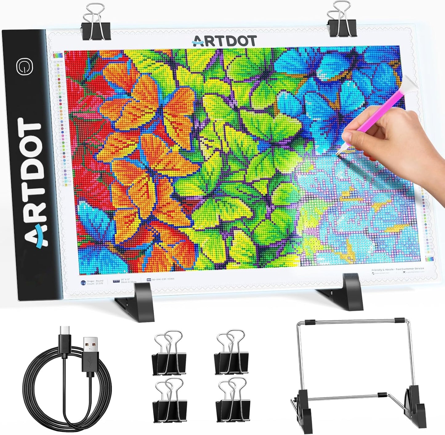 ARTDOT A3 LED Light Pad for Diamond Art Kits for Adults, USB Powered Light Board Kit, Adjustable Brightness with Diamond Painting Tools Detachable Stand and Clips