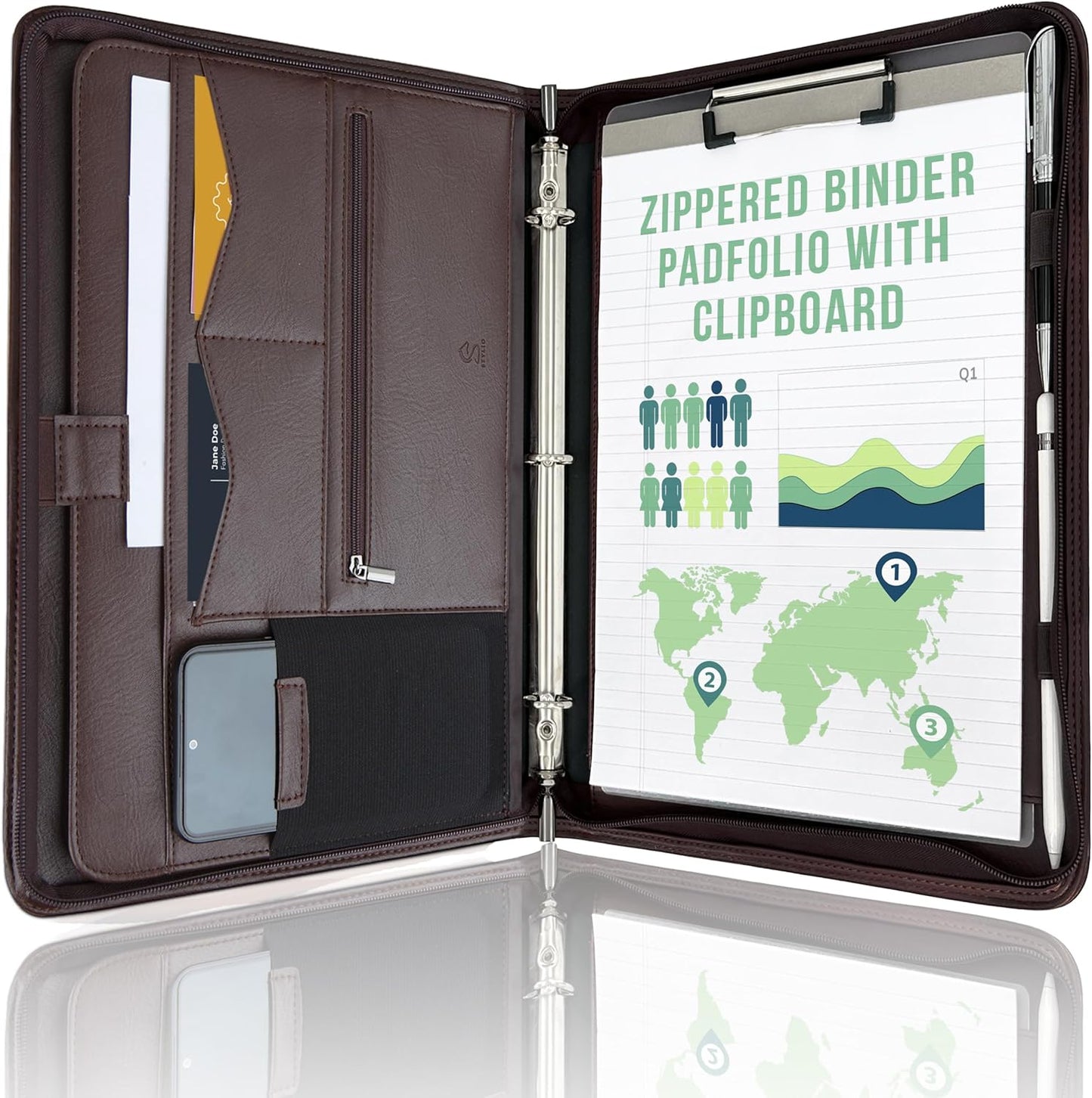 STYLIO Zipper Padfolio Portfolio Binder Organizer | Faux Leather Portfolio for Resume, Documents, Phone, Tablet, Business Supplies and Cards | Notebook Organizer with Letter Sized Notepad Included