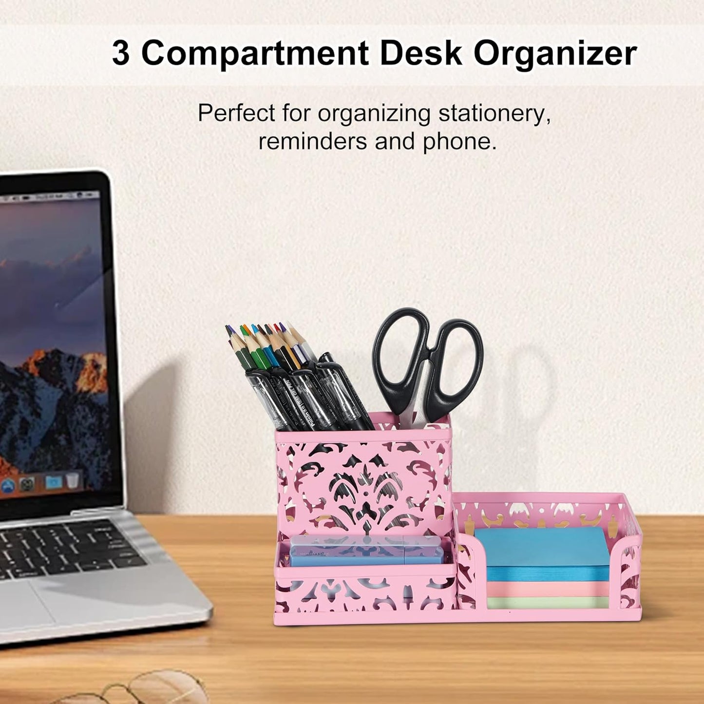 EasyPAG Desk Organizer with 3 Compartment for Pencil Sticky Note Holder and Office Accessories,White