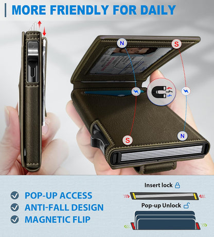 miyozi Airtag Wallet for Men Money Clip 9-Card Pop-Up Credit Card Holder with ID Window RFID Blocking Metal Case Magnetic Closure Front Pocket Wallet Gift Box | with Money Clip