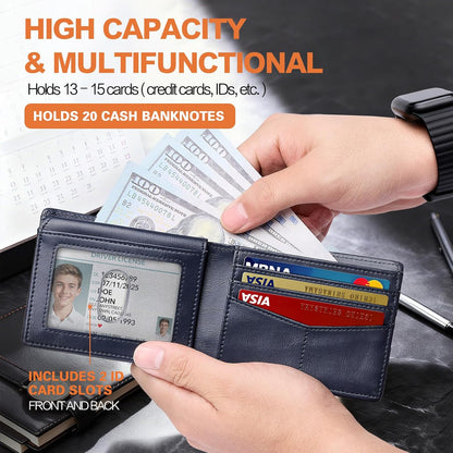 Wallet for Men Slim RFID Blocking Bifold Carbon Fiber,Minimalist Small Compact Front Pocket Credit Card Holder,Thin Mens Leather Wallets Smart Security With 2 ID Windows 1 Cash,Birthday Gifts for Men