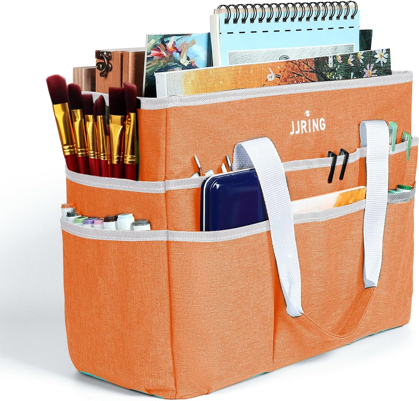 JJRING Craft Organizer Tote Bag for Art Storage, Caddy with Multiple Pockets, Bluish Green Sewing Bag for Scrapbooking, School, Medical, and Office Supplies