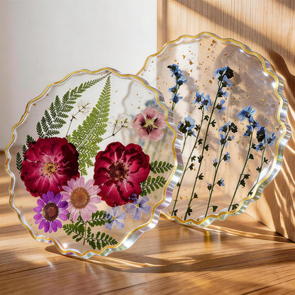 Oqplog Resin Drink Coaster for Desk Coffee Table-Pink White Cute Dried Flowers Cup Coaster for Work Office Home Outdoor Decor Gifts for Girls Women,1 Pcs Wave