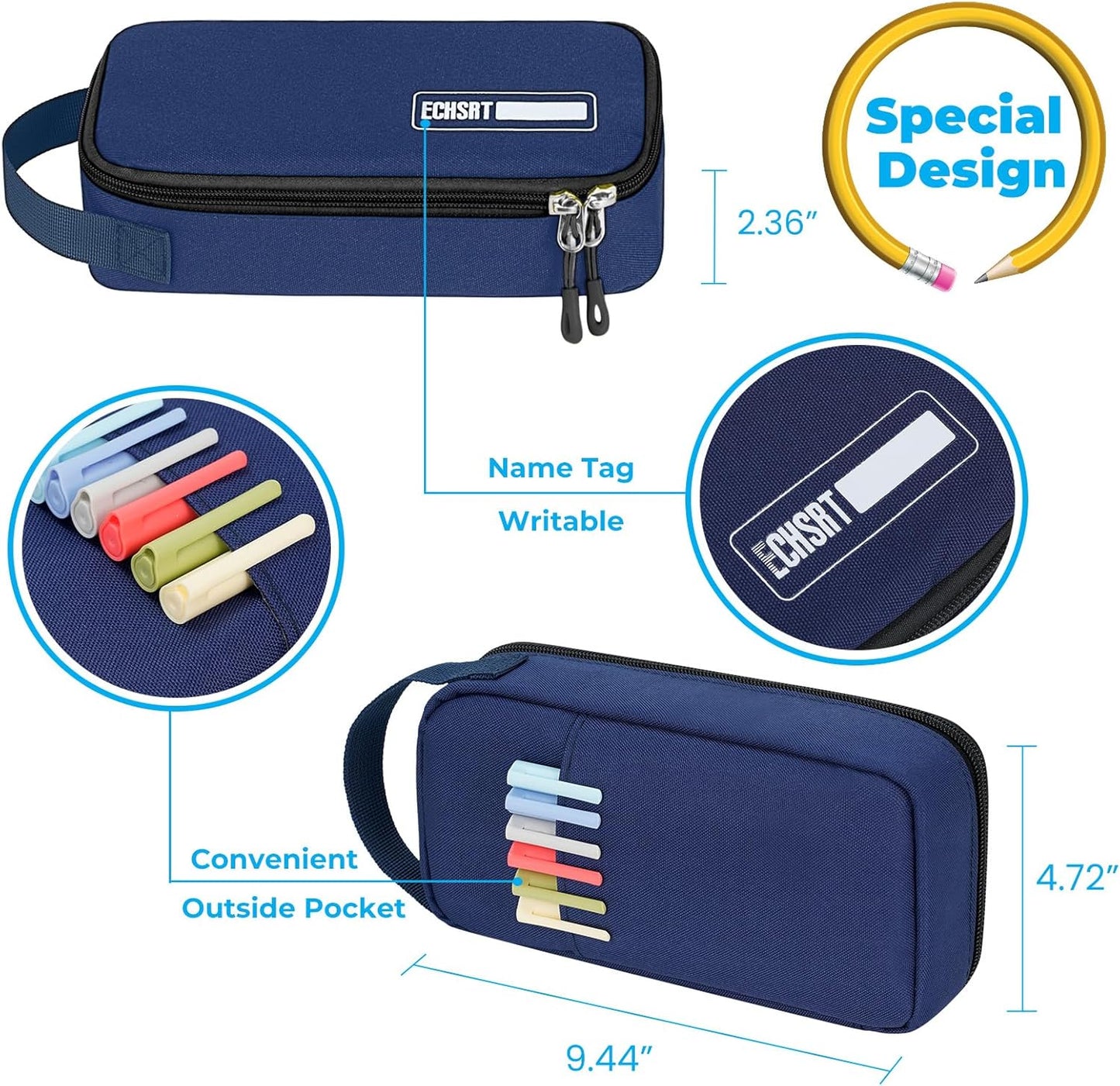ECHSRT Big Pencil Case, Aesthetic Portable Zipper Pencil Bag with Hidden Pocket, Special Pouch for Men Women Adults, Stationery Organizer Pen Cases for Office Travel,Black