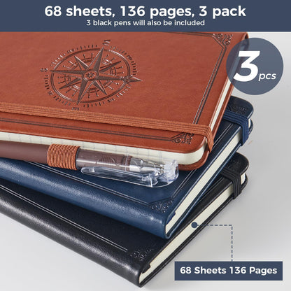 NIRMIRO 3 Pack Pocket Notebook Journals, Small Notepad Notebooks for Note Taking, A6 Mini Note pads with Pen Holder, 408 Lined Pages, 3.7" x 5.7", Black, Brown, Blue