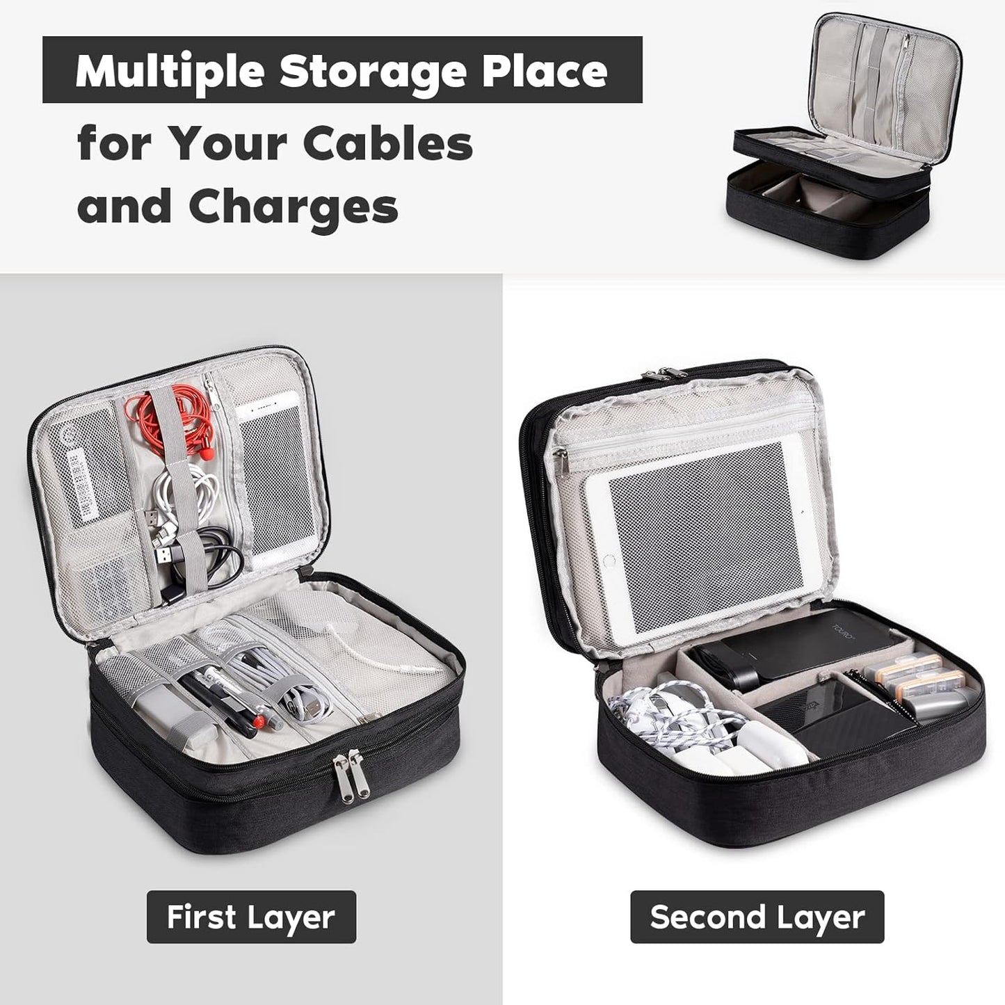 OrgaWise Electronics Organizer, Electronic Accessories Bag Travel Cable Organizer Three-Layer for iPad Mini, Kindle, Hard Drives, Cables, Chargers