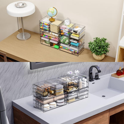 Yieach 2 Pack Acrylic Drawer Organizer With 6 Drawers,Stackable 11.1” Large Clear Storage Drawers and Makeup Organizer For Vanity,Bathroom Countertop,Cabinet,Pantry,Office Supply Storage Bins Drawers