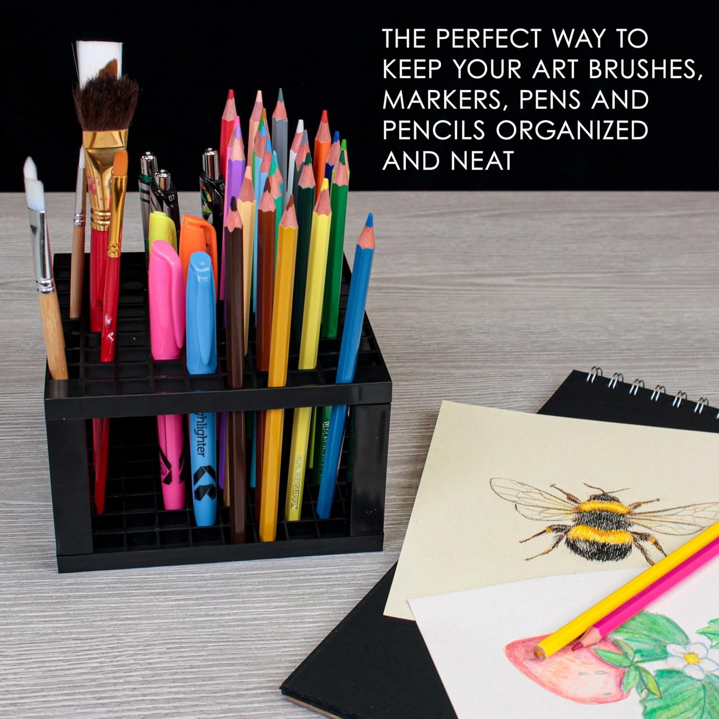 U.S. Art Supply Plastic Artist Round 50 Hole Paint Brush Holder and Organizer - Rack Holds Paintbrushes, Makeup Cosmetic Brushes, Pencils, Pens, Markers, Art Tools, Desk Stand - Students, Teachers