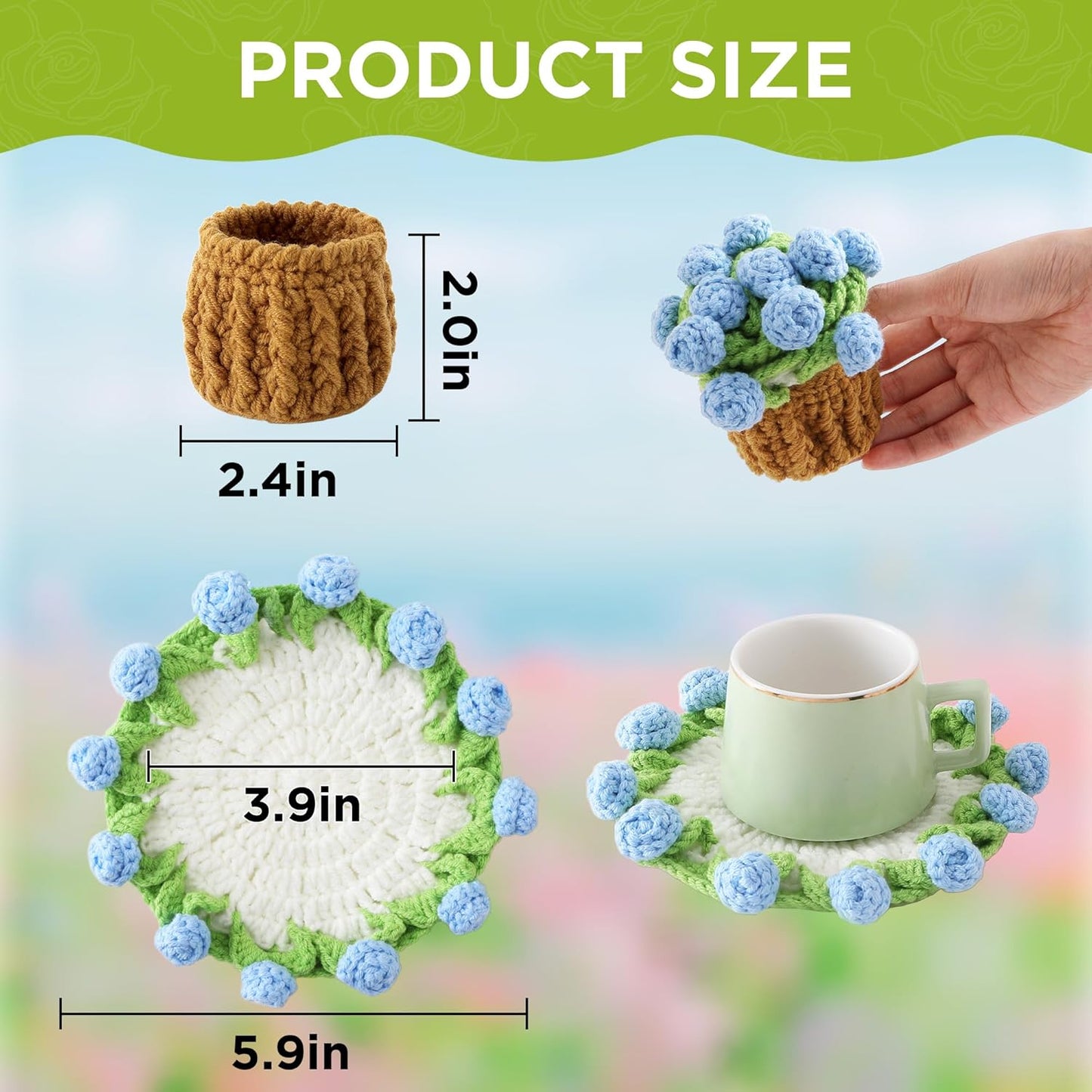 Flower Crochet Coasters, Handmade Bouquet Blanket Coaster with Crochet Plant Pot Fun Soft Decorative Drink Coasters for Coffee Tabletop Protection and Home Decor (Pink, 1Pc)