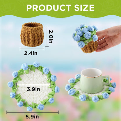 Flower Crochet Coasters, Handmade Bouquet Blanket Coaster with Crochet Plant Pot Fun Soft Decorative Drink Coasters for Coffee Tabletop Protection and Home Decor (Pink, 1Pc)