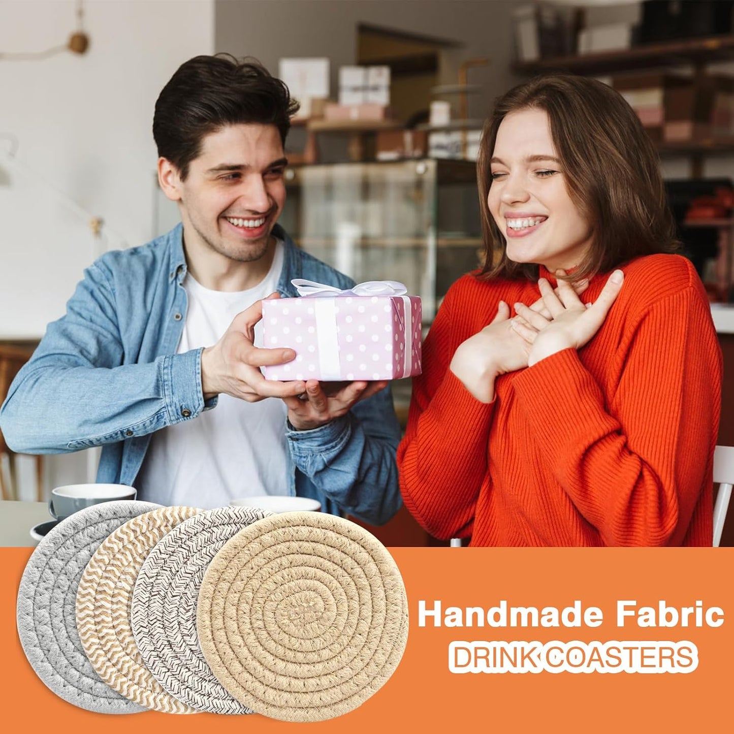 4.8" Drink Cotton Coasters Set of 2 – Boho Woven Drink Pads for Coffee & Tea, Neutral Sandstone Blend Fabric Cup Mats for Desk, Table, Nightstand, Dorm, Giftable Absorbent Coaster Set (Latte)