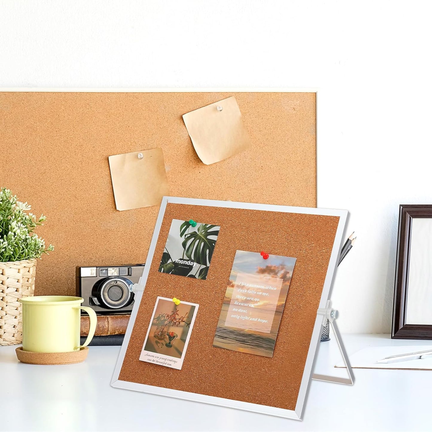 2 Pack Cork Bulletin Board, Double Sided Pin Boards with Silver Aluminum, Desktop Small Cork Boards with Stand Suitable for Home, Office, Desk Message Picture Board 11.8"×11.8"