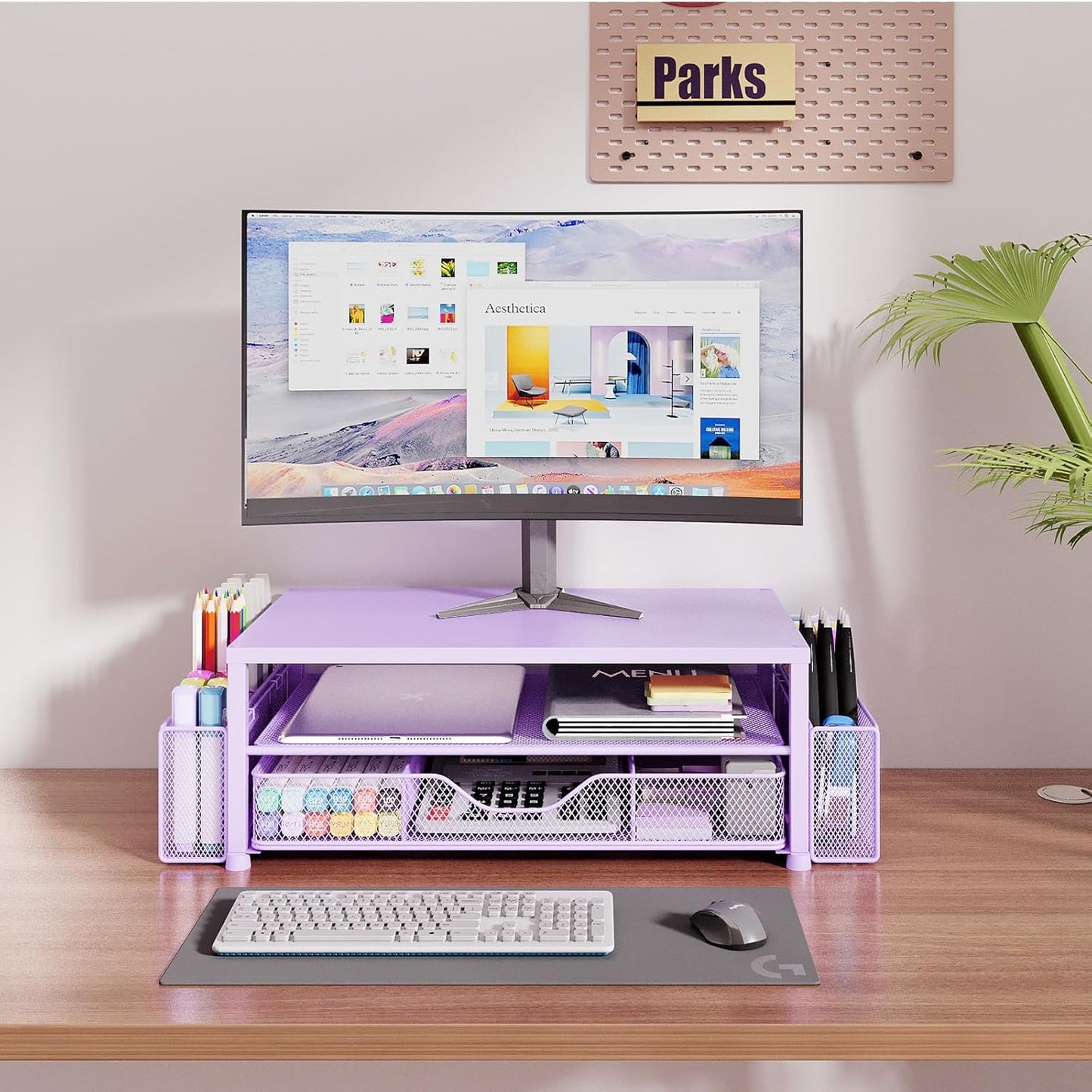 OPNICE Wood Desk Organizers and Accessories, 2-Tier Computer Monitor Stand Riser with Drawer and 2 Pen Holders, Laptop Stand, Office Desk Accessories for Office Supplies, Brown