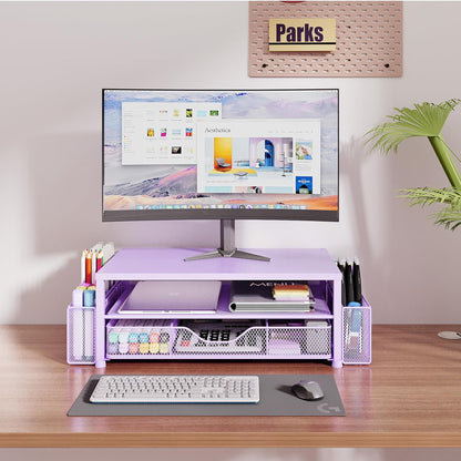 OPNICE Wood Desk Organizers and Accessories, 2-Tier Computer Monitor Stand Riser with Drawer and 2 Pen Holders, Laptop Stand, Office Desk Accessories for Office Supplies, Brown