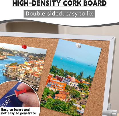 9.8"×9.8" Cork Board Bulletin Board, Double Sided Pin Board with Silver Aluminum Border, Desktop Small Cork Board with Stand Suitable for Home, Office, Desk Message Board or Picture Board