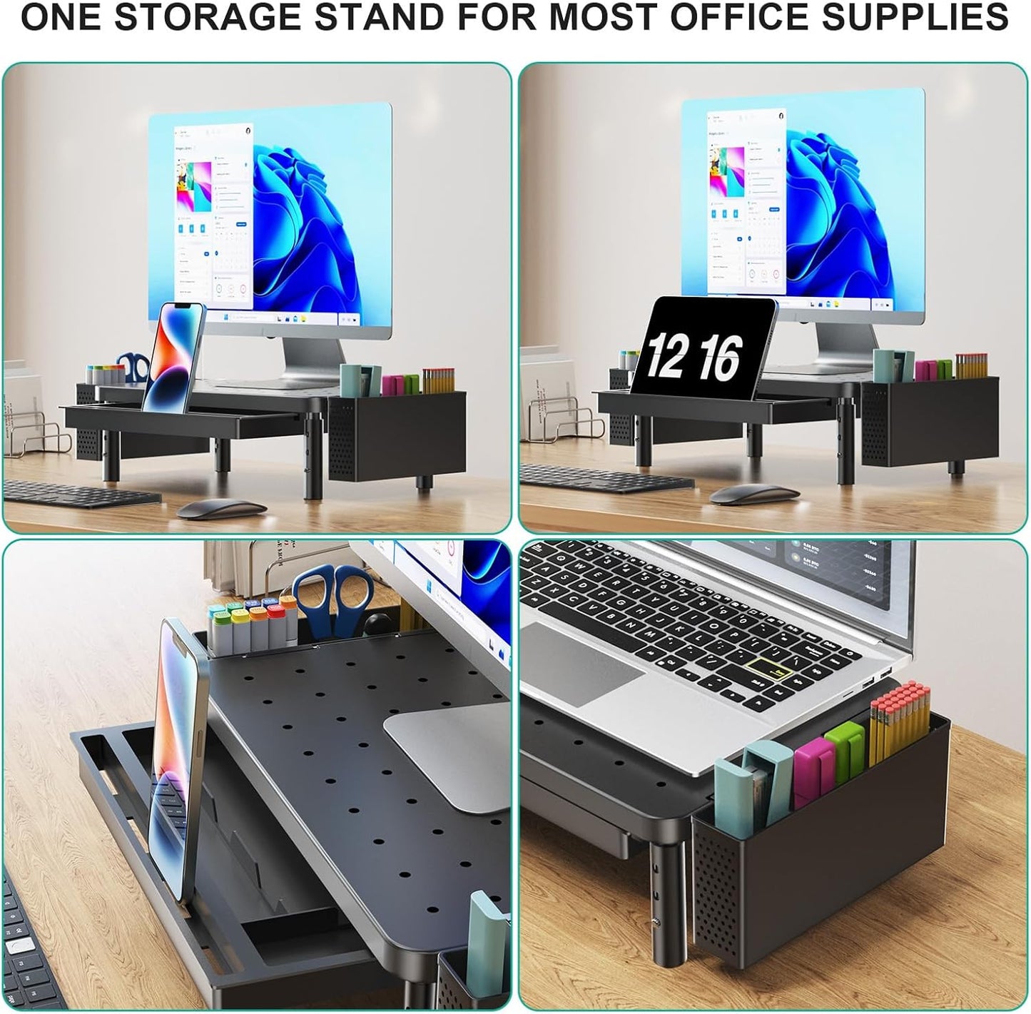 WALI Monitor Stand Riser with Drawer and 2 Pen Holders, Desk Organizers and Accessories for Computer, Printer, Laptop Stand for Home Office Supplies, (PTT004-B), 1 Pack, Black
