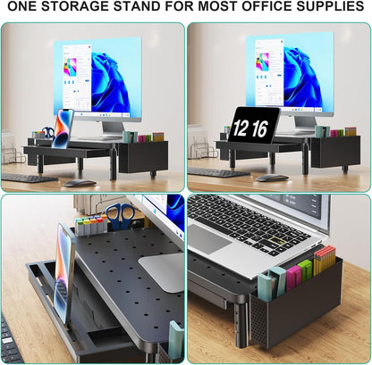 WALI Monitor Stand Riser with Drawer and 2 Pen Holders, Desk Organizers and Accessories for Computer, Printer, Laptop Stand for Home Office Supplies, (PTT004-B), 1 Pack, Black