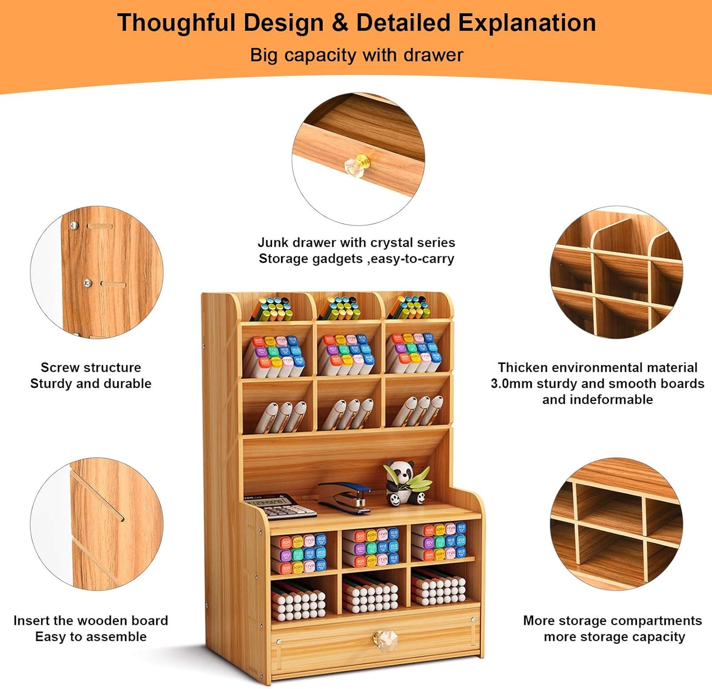 Marbrasse Wooden Desk Stationary Organizer, Multi-Functional Pen Holder, Storage Rack for School Home Office Art Supplie (B16-Cherry Color)
