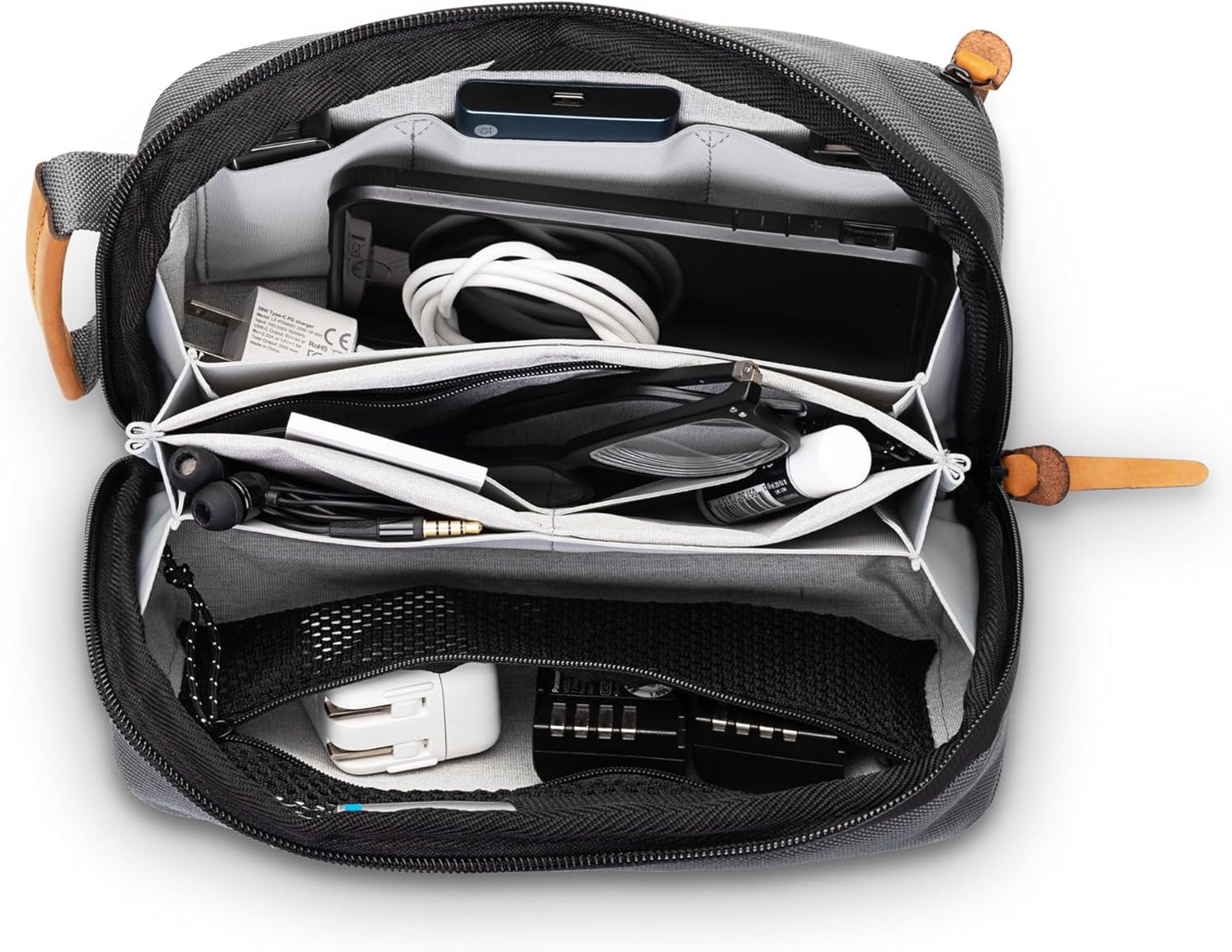 Tech Bag Organizer - Small Electronics Organizer Pouch for Travel - Premium Travel Case with Leather Accents - Mesh Pocket for Cables, Cords and Chargers (Black)