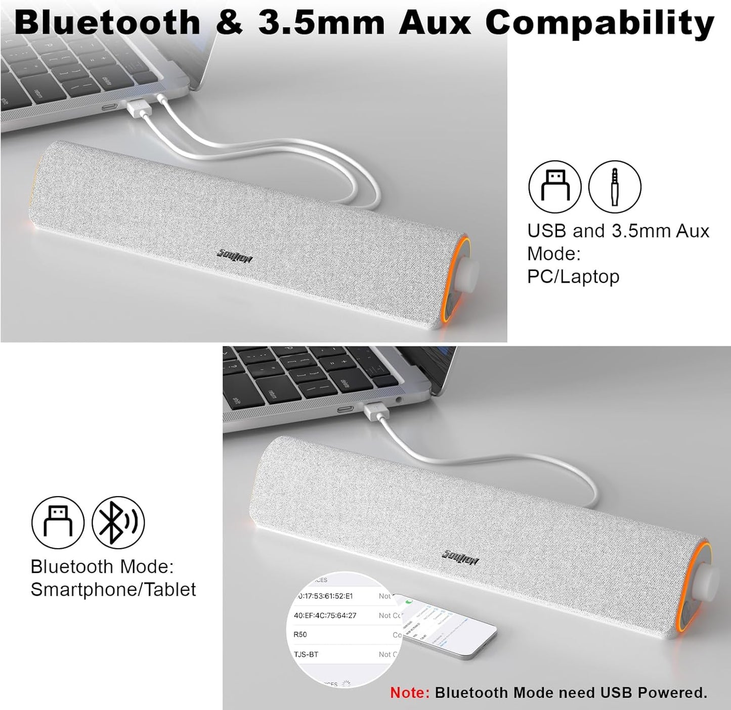 SOULION R50 Bluetooth Computer Speakers, 3.5mm PC Sound Bar for Desktop Monitor, Wired USB Powered & Colorful LED Lights with Switch Button, Surround Sound Soundbar PC Spearkers for Computer