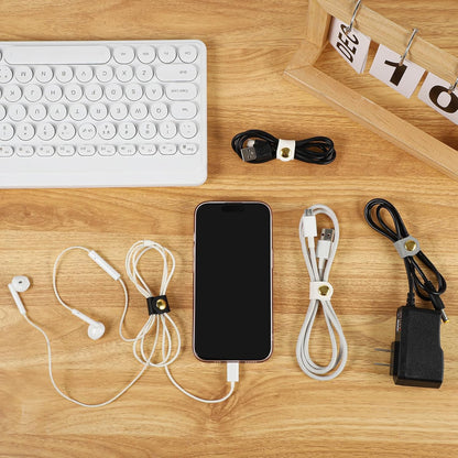 10 Pcs Cord Organizer, Portable Leather Cable Cord Stocking Stuffers for Men USB Straps Earphone Winder with Leather Handmade (Brown/white)