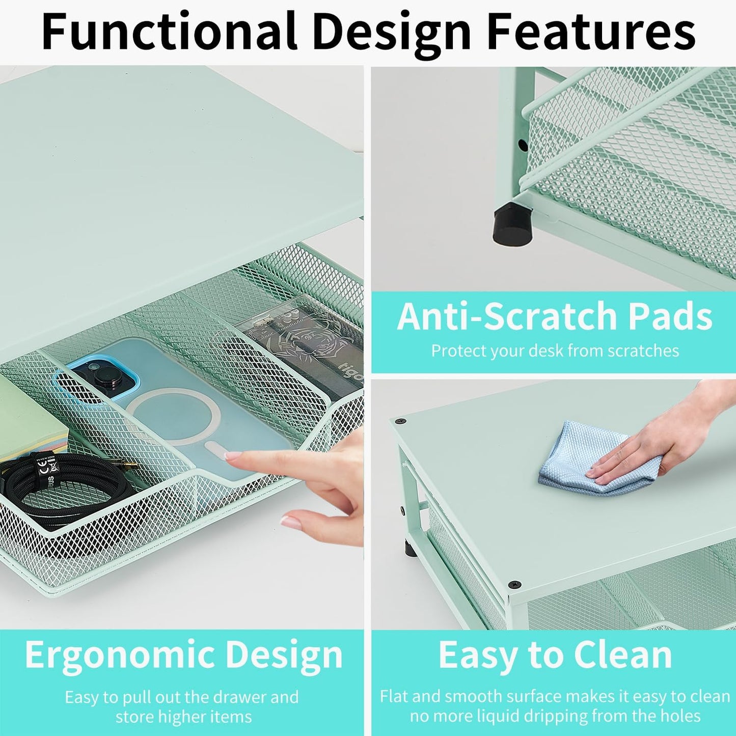 Wood Metal Monitor Stand Riser, Laptop Stand for Desk, Office Desk Organizer and Accessories, Computer Desktop Shelf with Drawer and Pen Holder, Printer Stand for Home, Office, Dorm (Natural Wood)