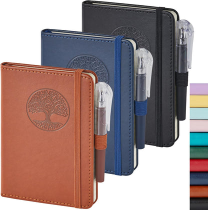 NIRMIRO 3 Pack Pocket Notebook Journals, Small Notepad Notebooks for Note Taking, A6 Mini Note pads with Pen Holder, 408 Lined Pages, 3.7" x 5.7", Black, Brown, Blue