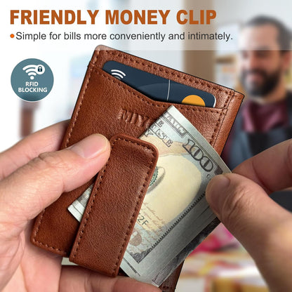 miyozi Airtag Wallet for Men- with Money Clip Gift Boxed, Magnetic Closure Slim Genuine Leather Front Pocket Wallet, 4.1"x 2.8", RFID Blocking