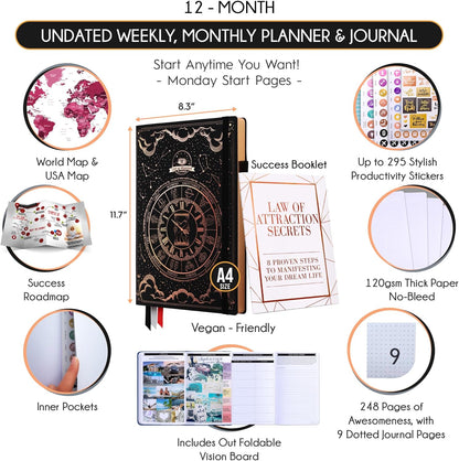 Life Planner - Undated Weekly & Monthly Planner, 12-Month Journey to Increase Productivity | Gratitude Journal, Life Organizer & Goal Journal | Include Foldable Vision Board, Habit Tracker & Stickers