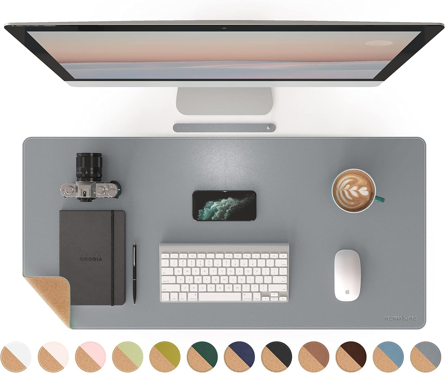RENMTURE Dual-Sided Mouse Pad, Natural Cork & PU Leather Large Desk Pad for Office and Home Work, Desk Protector Non-Slip, Waterproof, Easy Clean (Olive Green, 32"x16")