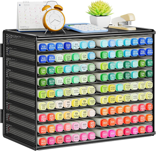 Marbrasse Mesh Marker Organizer, Metal Desktop Storage Rack for 126 Markers, Pens, Pencils, 9 Tier Marker Holder for Office Classroom & Home Art Supplies(Black)
