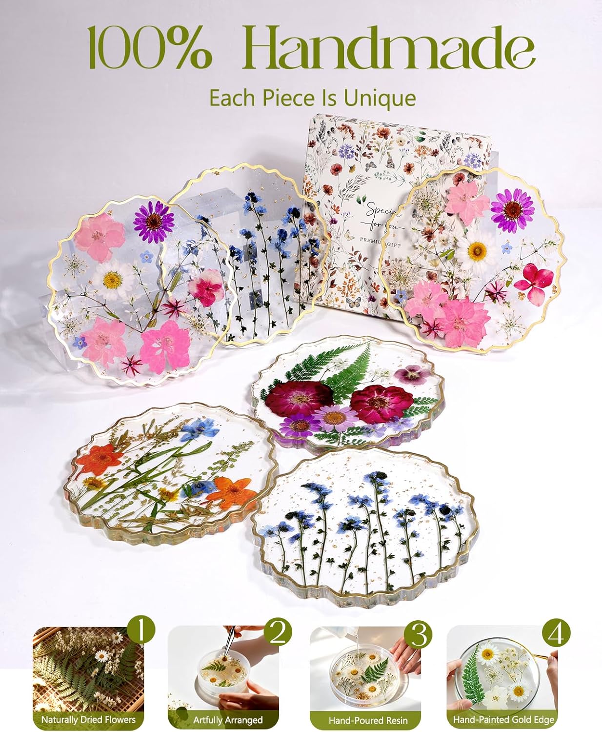 Oqplog Resin Drink Coaster for Desk Coffee Table-Pink White Cute Dried Flowers Cup Coaster for Work Office Home Outdoor Decor Gifts for Girls Women,1 Pcs Wave