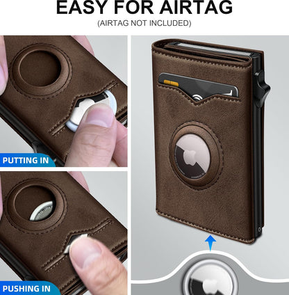 miyozi Airtag Wallet for Men,with Cash Pocket 2 ID Window 9-12 Cards,Metal Case Smart Slim Pop Up Credit Card Holder Flip with Magnetic Closure RFID Blocking Trifold wallet with Gift Box
